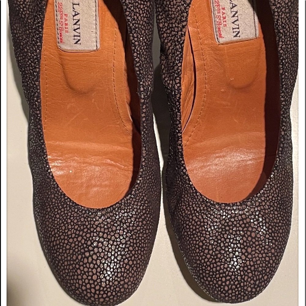 Lanvin Women’s Wedge (Size 8M). Brown/black embossed print with slight shimmer